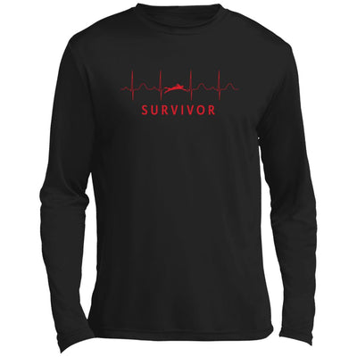 Red design with Swimmer icon featured in front of repeating EKG design with "SURVIVOR" text below.