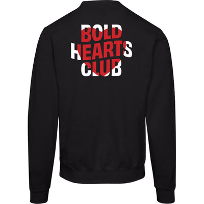 black long sleeve crewneck with a red heart and words "Bold Hearts Club" printed over it.