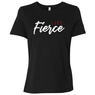 Front of black tee: Live Fierce logo featured on center chest.