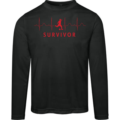 Black long-sleeve tee with "SURVIVOR" text along with a soccer player icon with EKG lines behind