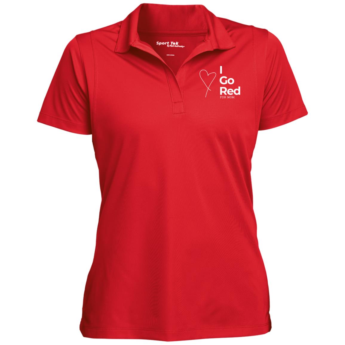 Red Polo. I Go Red For Mom design featured on left chest. 