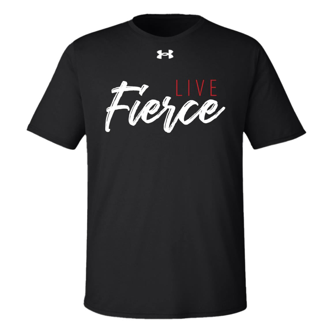 Front of black tee: Under Armour logo on upper neckline. Live Fierce logo featured on center chest.