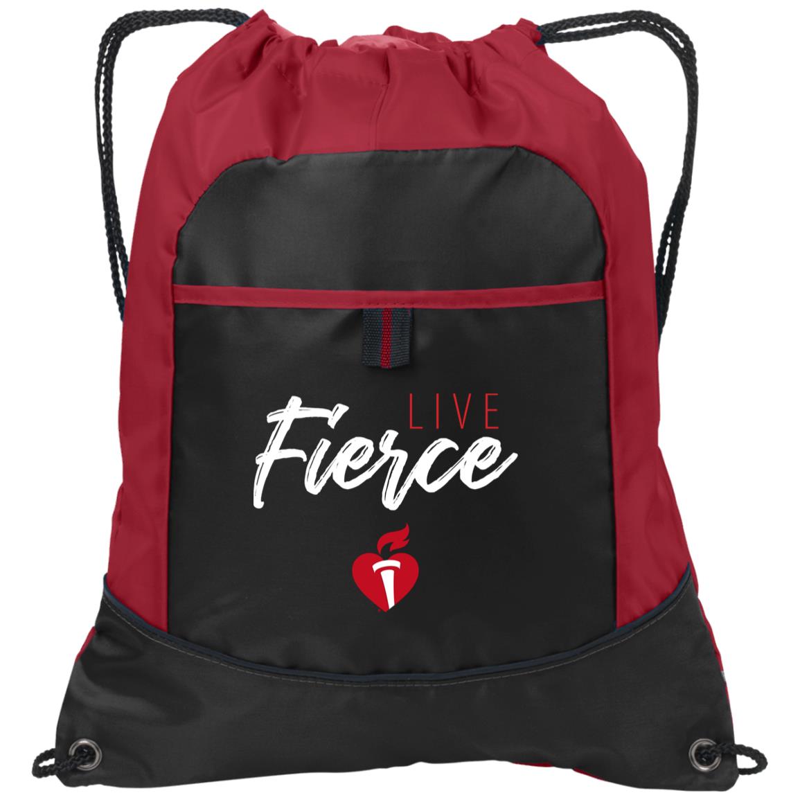 Black and red drawstring bag with Live Fierce design and Heart and Torch logo featured center.