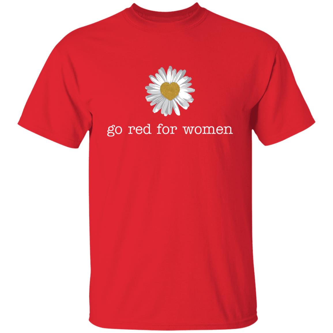 Front: A daisy flower design with "go red for women" text underneath.