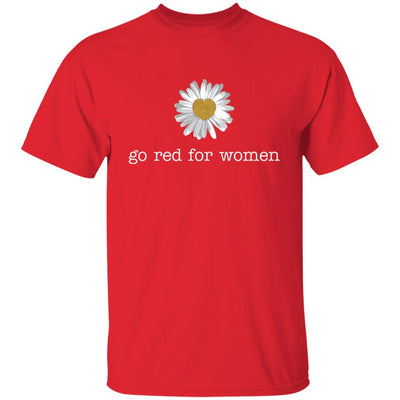 Front: A daisy flower design with "go red for women" text underneath.