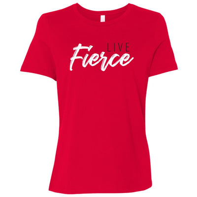 Front of red tee: Live Fierce logo featured on center chest.