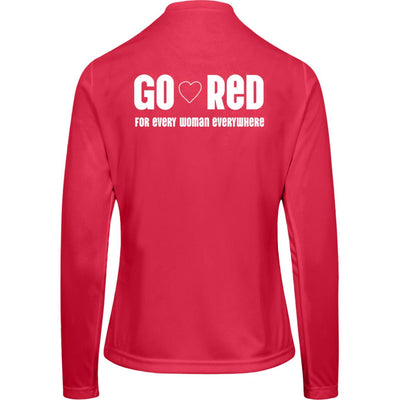 "Go Red" text with a small white heart in the middle of the text. Text below "For every woman everywhere" on back of shirt