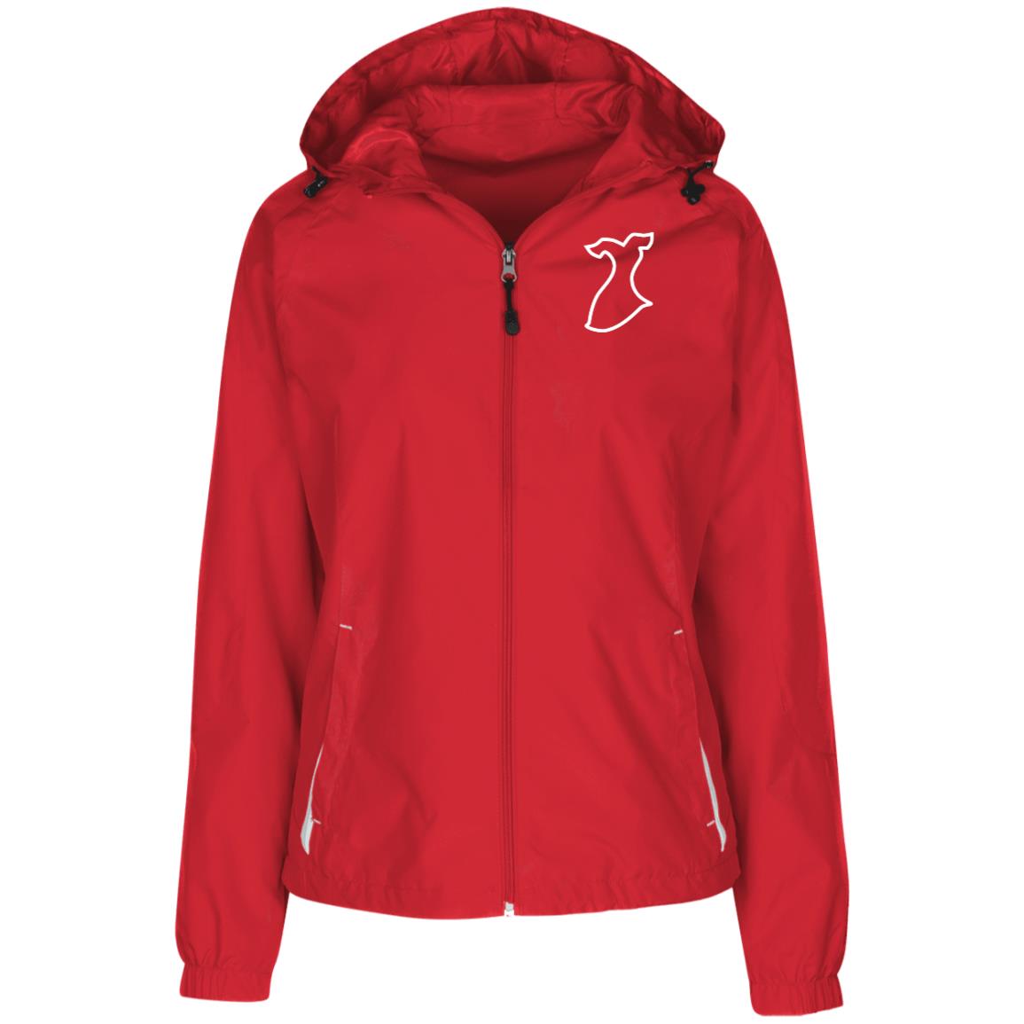 Red jacket with Red Dress silhouette logo featured on left chest. 