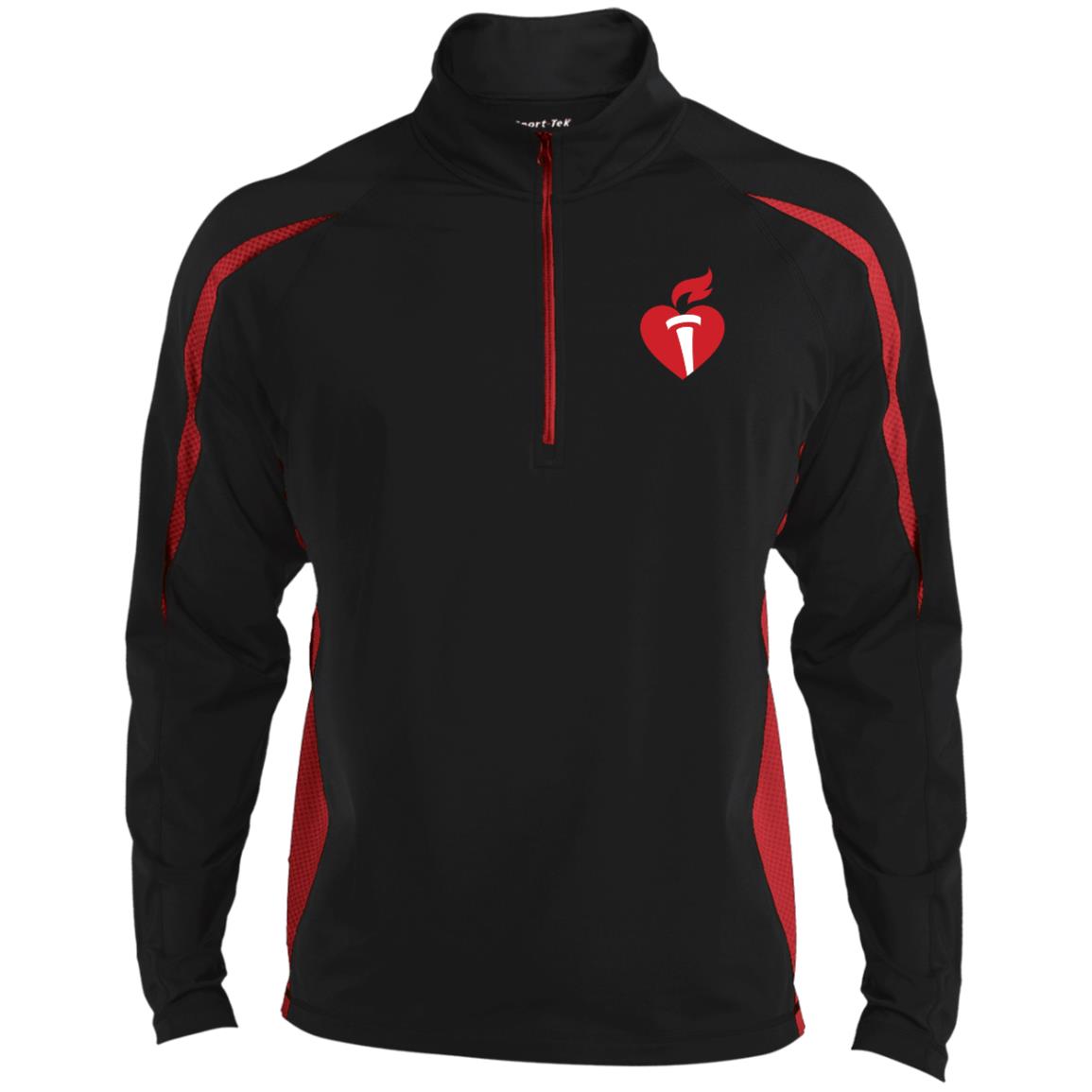 Black and red half zip pullover with red mesh accents on sleeves and back. Red heart and torch logo featured on upper left chest.