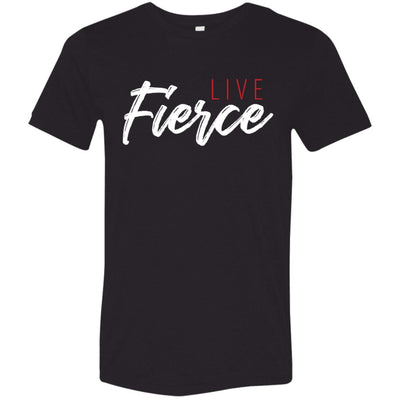 Front of black tee:  Live Fierce logo featured on center chest.