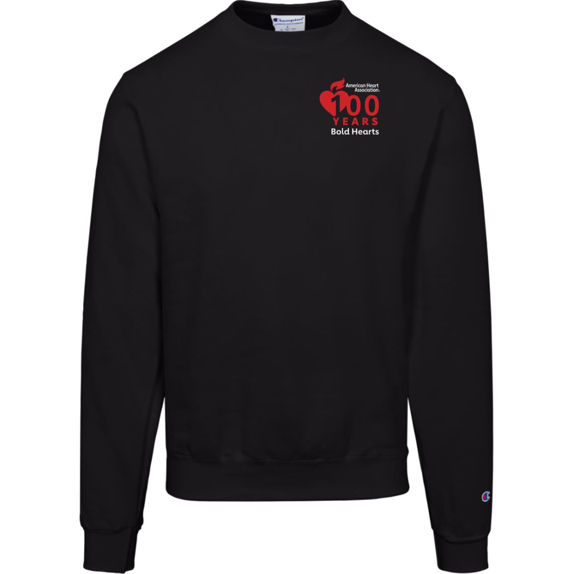 black long sleeve crewneck with AHA 100 years Bold Hearts logo on left chest