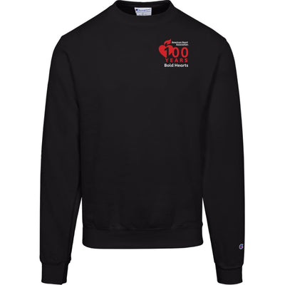 Black crewneck with AHA 100 years bold hearts logo on left chest