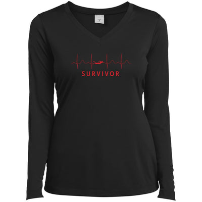 Red design with Swimmer icon featured in front of repeating EKG design with "SURVIVOR" text below.