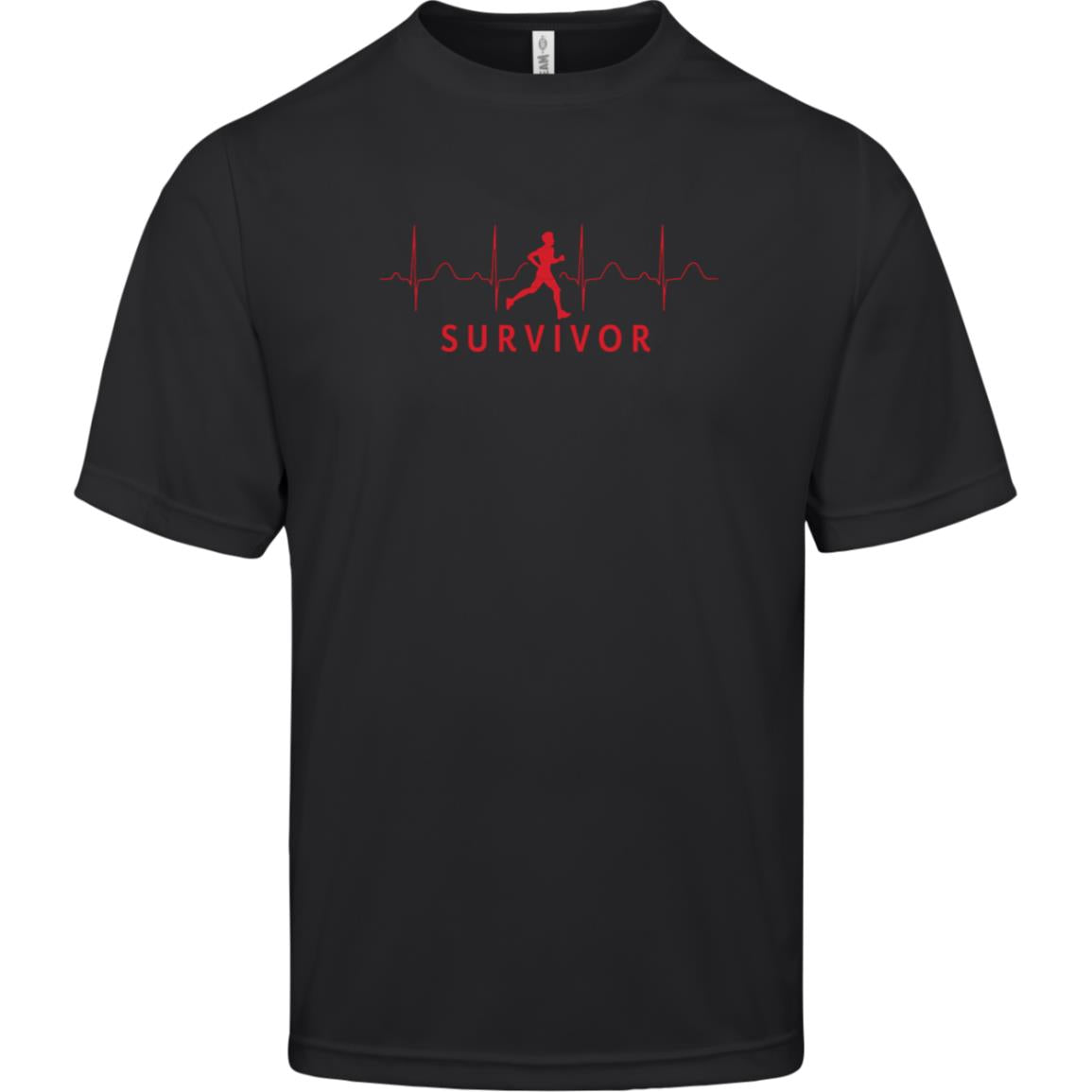 Black short-sleeve tee with "SURVIVOR" text along with a runner/walker icon with EKG lines behind