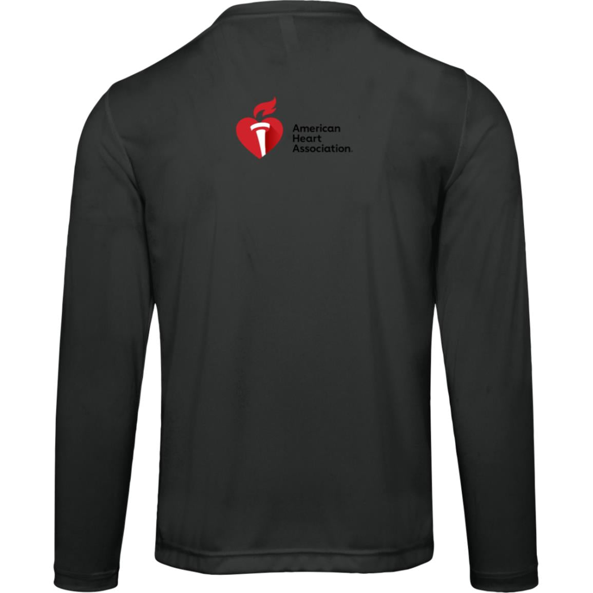 Back of shirt featuring red American Heart Association logo on center back