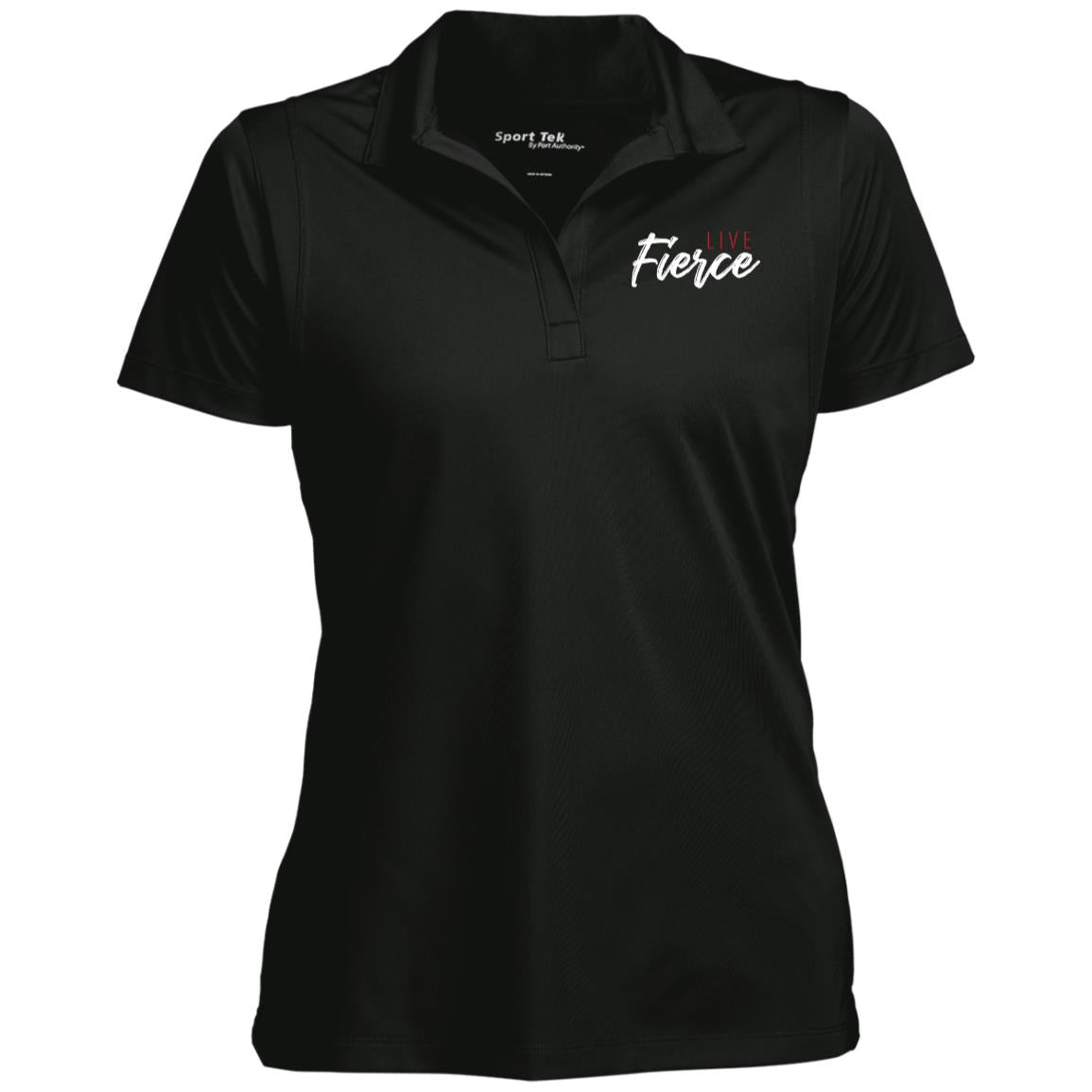 Black polo with Live Fierce logo featured on left chest.