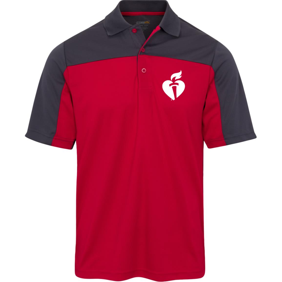 Two-tone red and dark grey polo featuring white AHA heart and torch logo on left chest