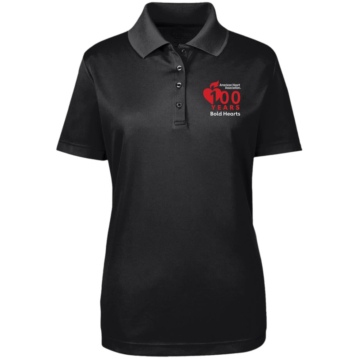 black short sleeve ladies polo with 100 years bold hearts logo on chest