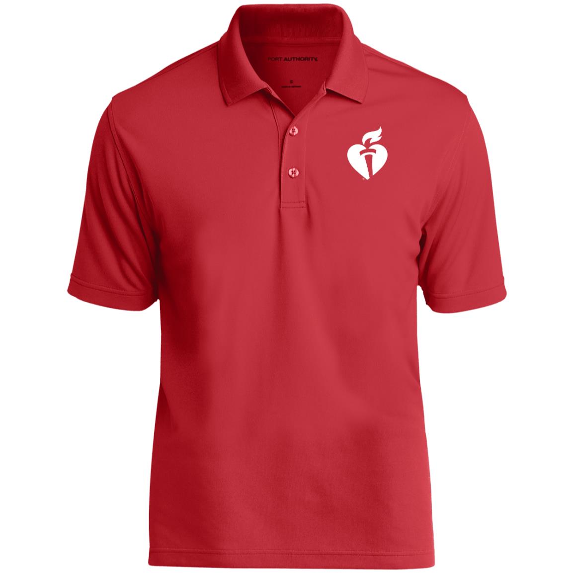 Red polo with white AHA Heart & Torch featured on upper left chest.