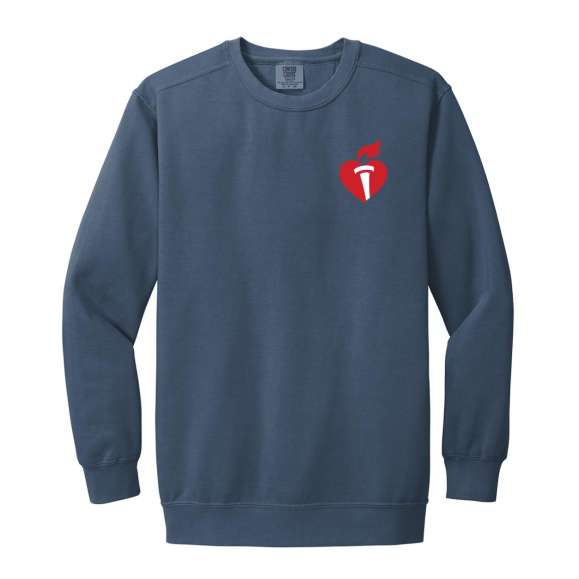 Long-sleeve crewneck sweatshirt with Red AHA Heart & Torch Logo donned on the left chest