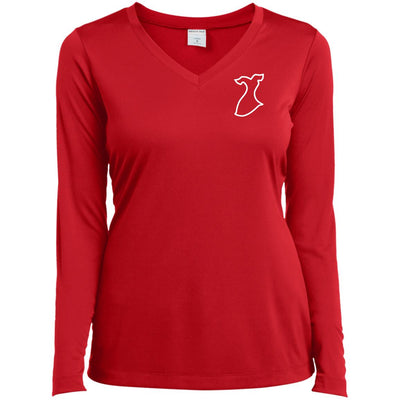 Front. Red v-neck cut. Long sleeved shirt with a white red dress symbol dawned on the upper left chest.