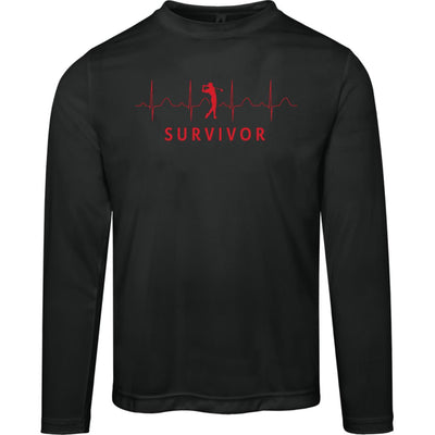 Black long-sleeve tee with "SURVIVOR" text along with a golfer icon with EKG lines behind