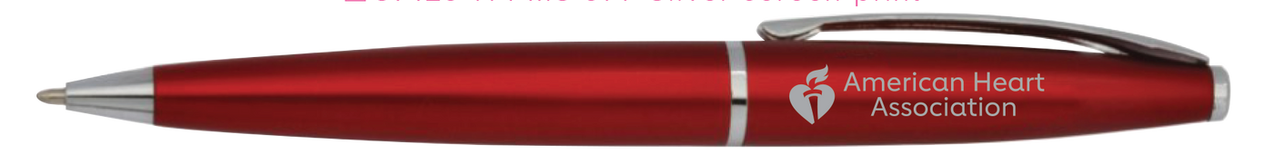 Red executive pen with American Heart Association and heart and torch printed on upper barrel