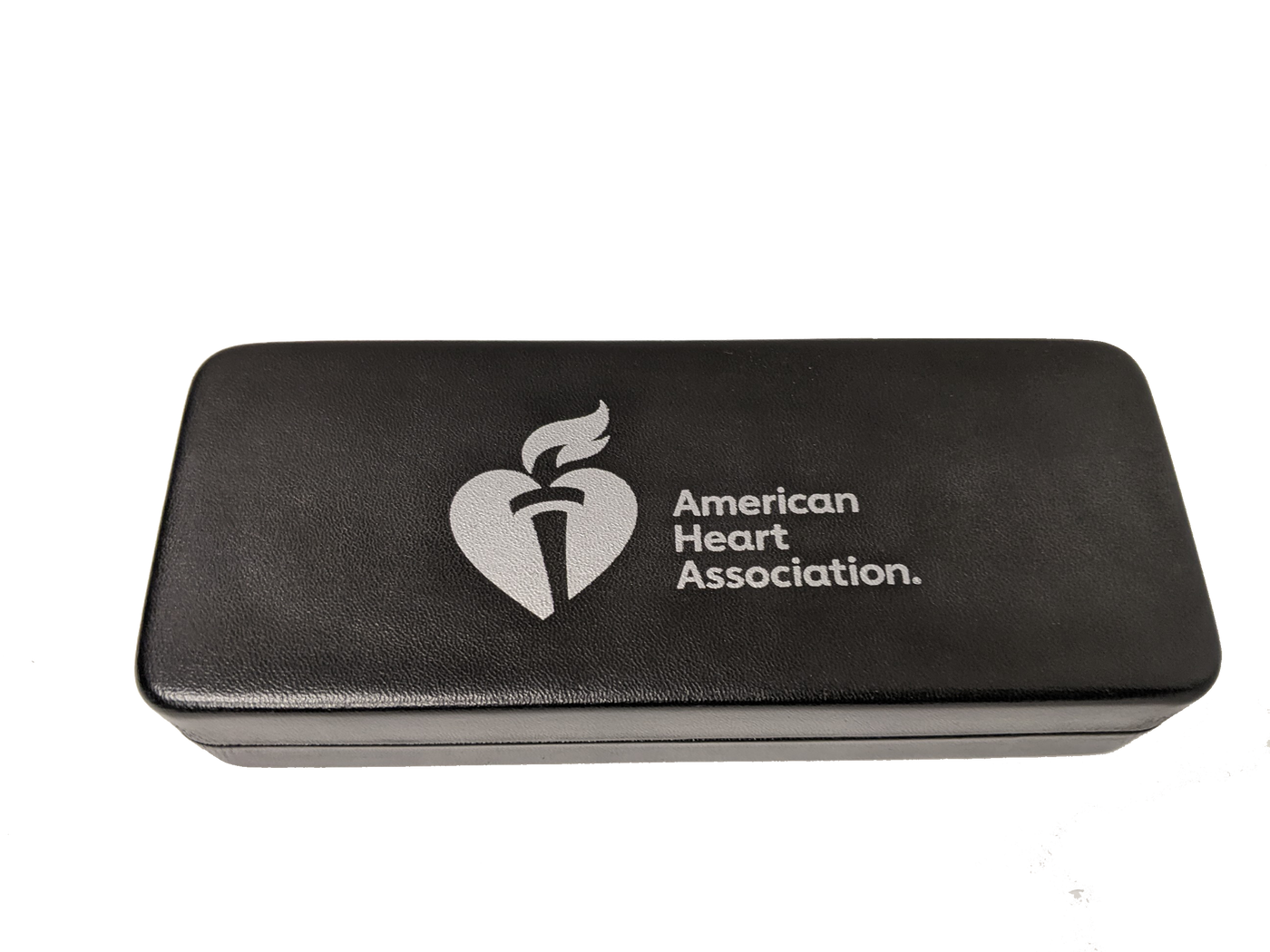 Black leatherette box with American Heart Association logo printed on it in white