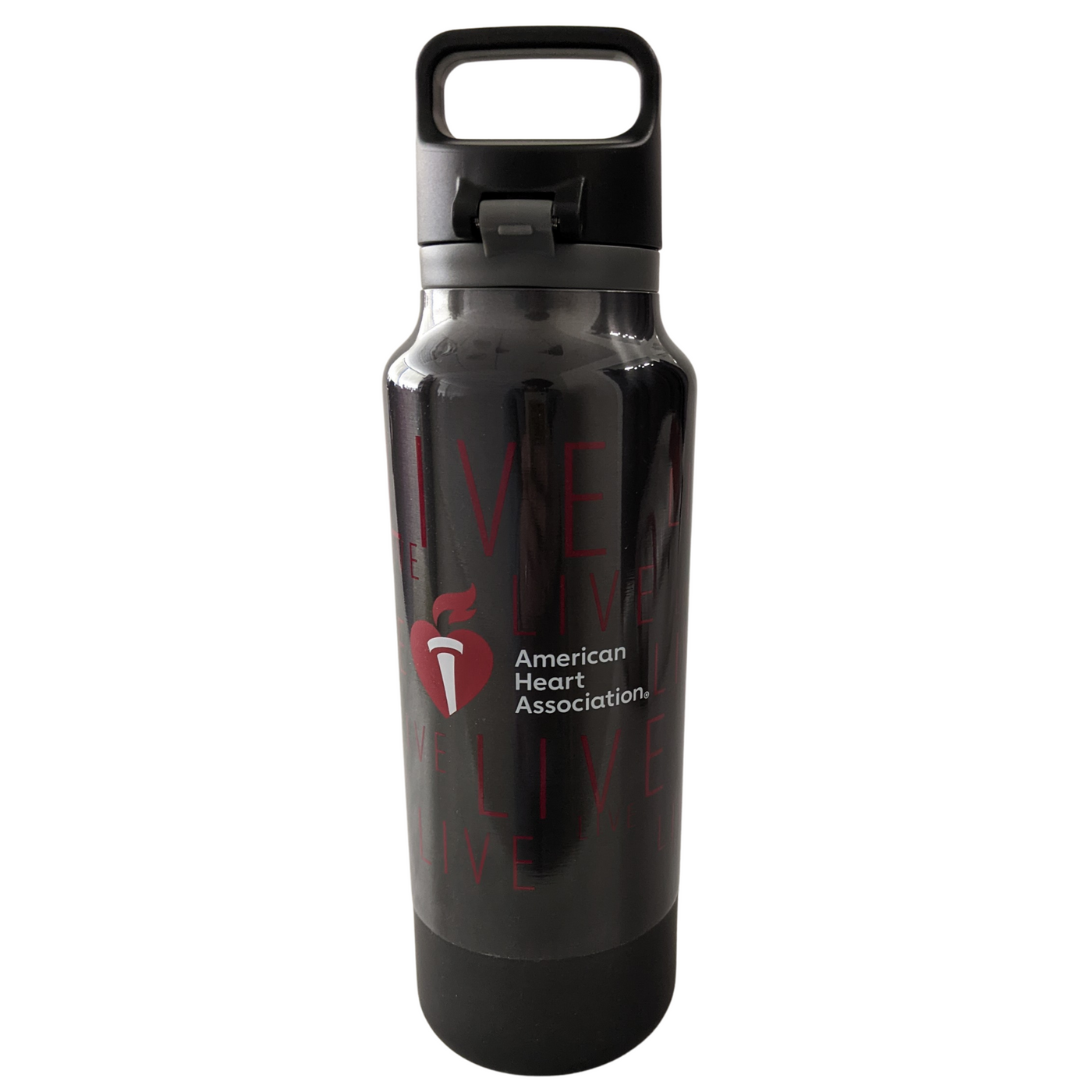 back of bottle with AHA logo on black background with LIVE on repeat