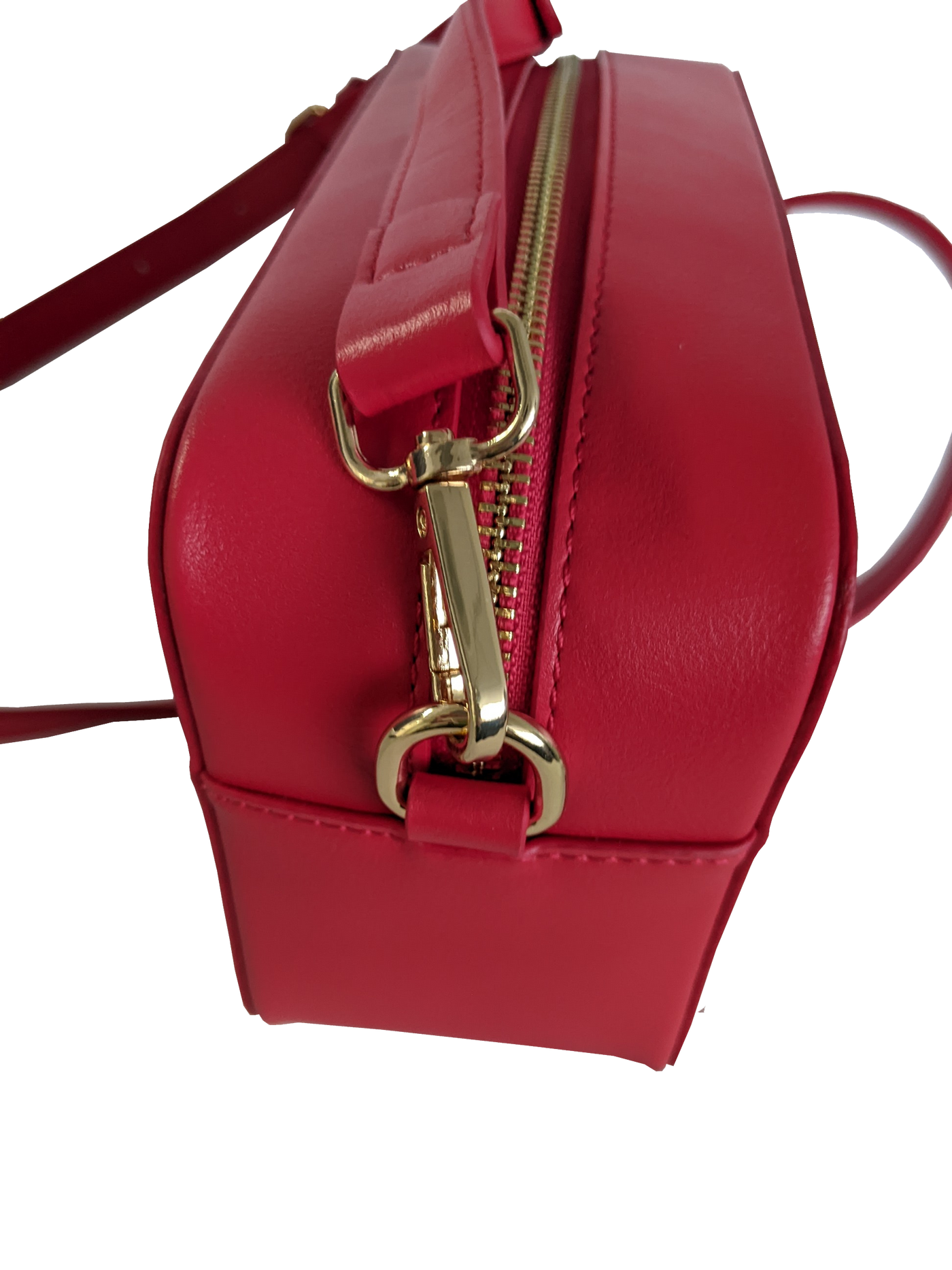 Side of purse showing zipper and strap clasp.