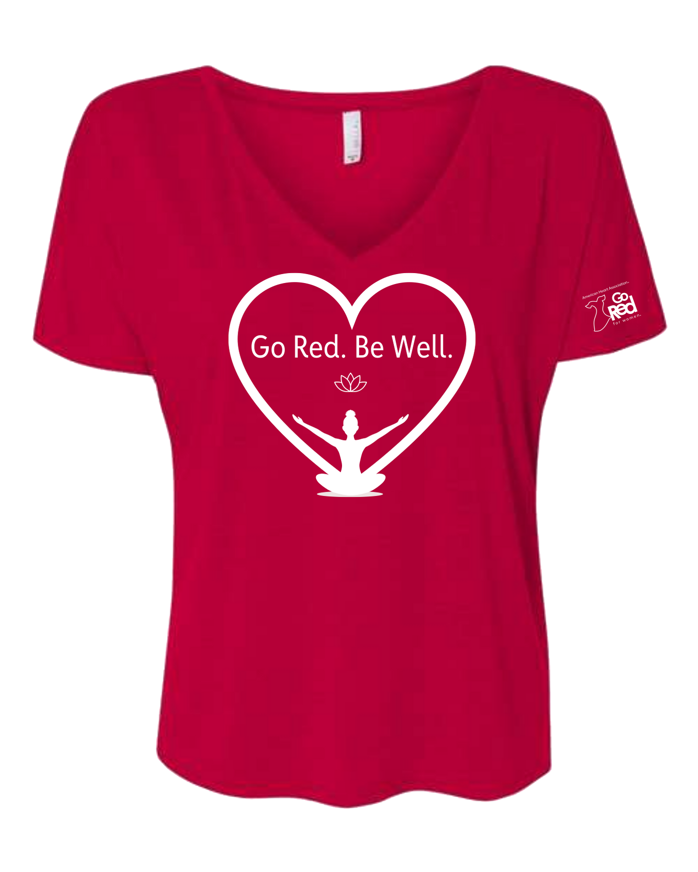 Red V-neck shirt with a white heart outline with "Go Red. Be Well." text featured inside along with a lotus and yogi icon. GRfW logo on left sleeve.
