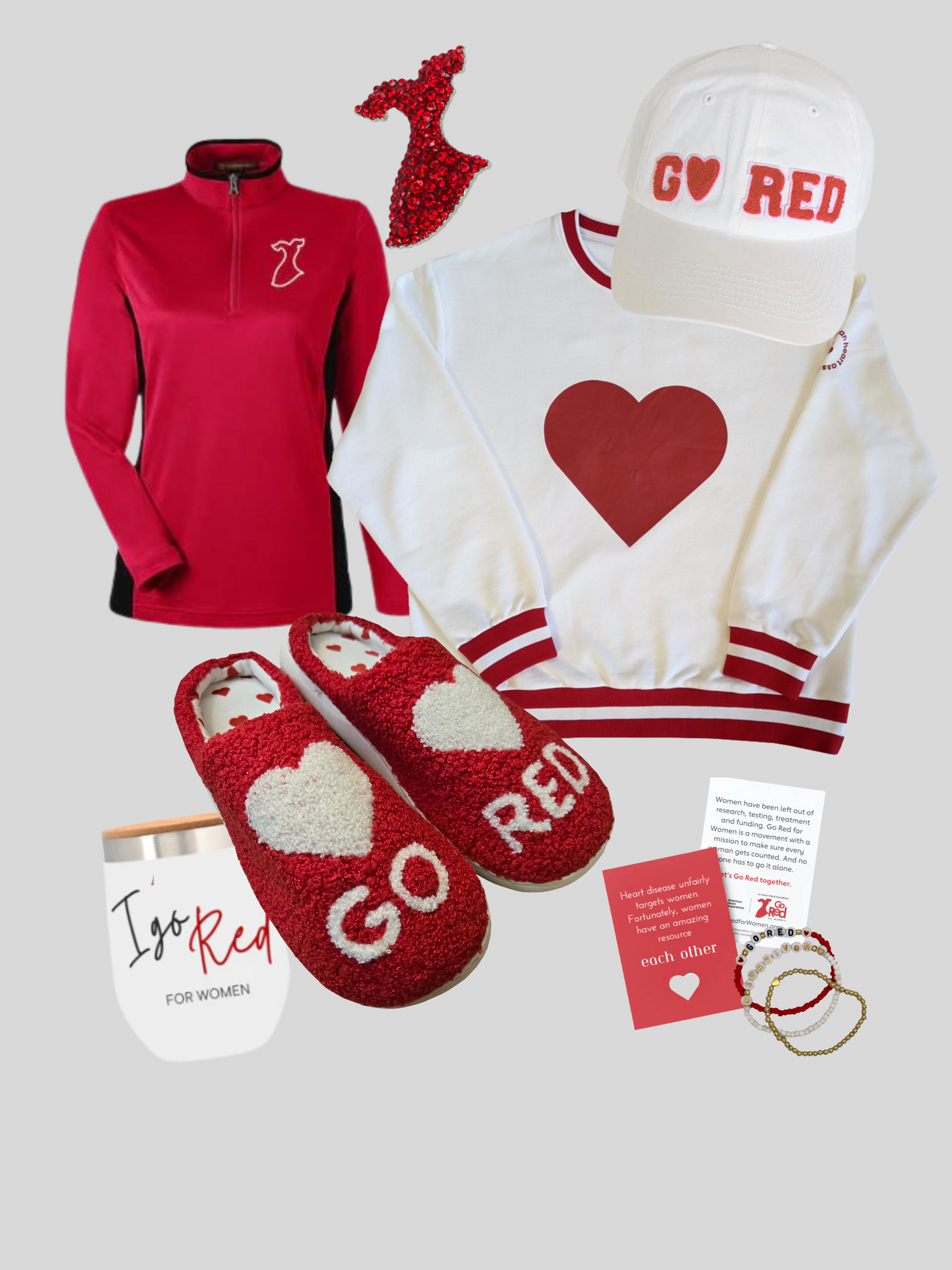 Red jacket with red dress icon on chest, red dress crystal brooch, Go Red hat, Varsity sweatshirt with large heart, Go Red slippers, I Go Red tumbler, friendship bracelets