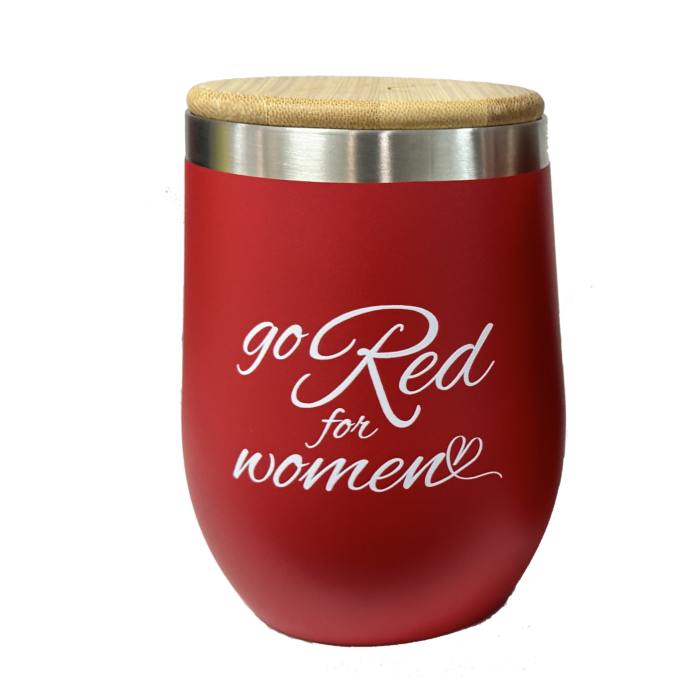 Front of tumbler: Red with white text and wood lid. "Go Red for Women" text in flowy letters with a heart at the end. 