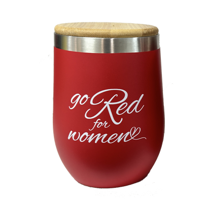 Front of tumbler: Red with white text and wood lid. "Go Red for Women" text in flowy letters with a heart at the end. 