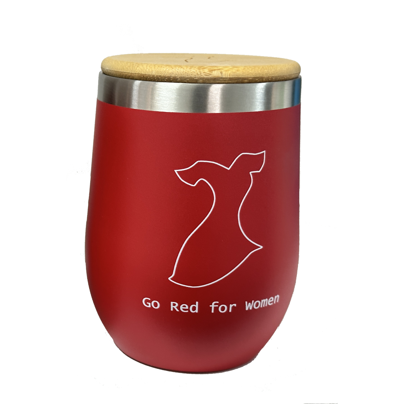 Back of tumbler: White Go Red for Women logo outline along with "Go Red for Women" text featured underneath. 