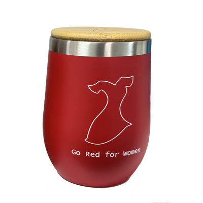 Back of tumbler: White Go Red for Women logo outline along with "Go Red for Women" text featured underneath. 