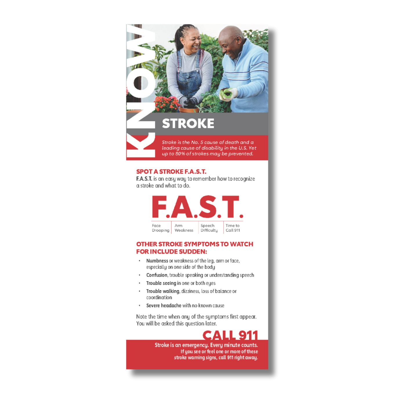 Know and Go - Stroke, explaining the F.A.S.T. method to recognize a stroke and other symptoms, and emphasizing the importance of calling 911.