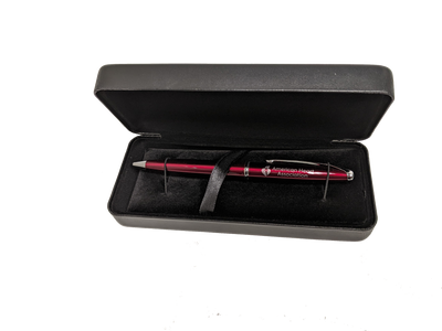 Black leatherette pen box with red AHA pen inside.