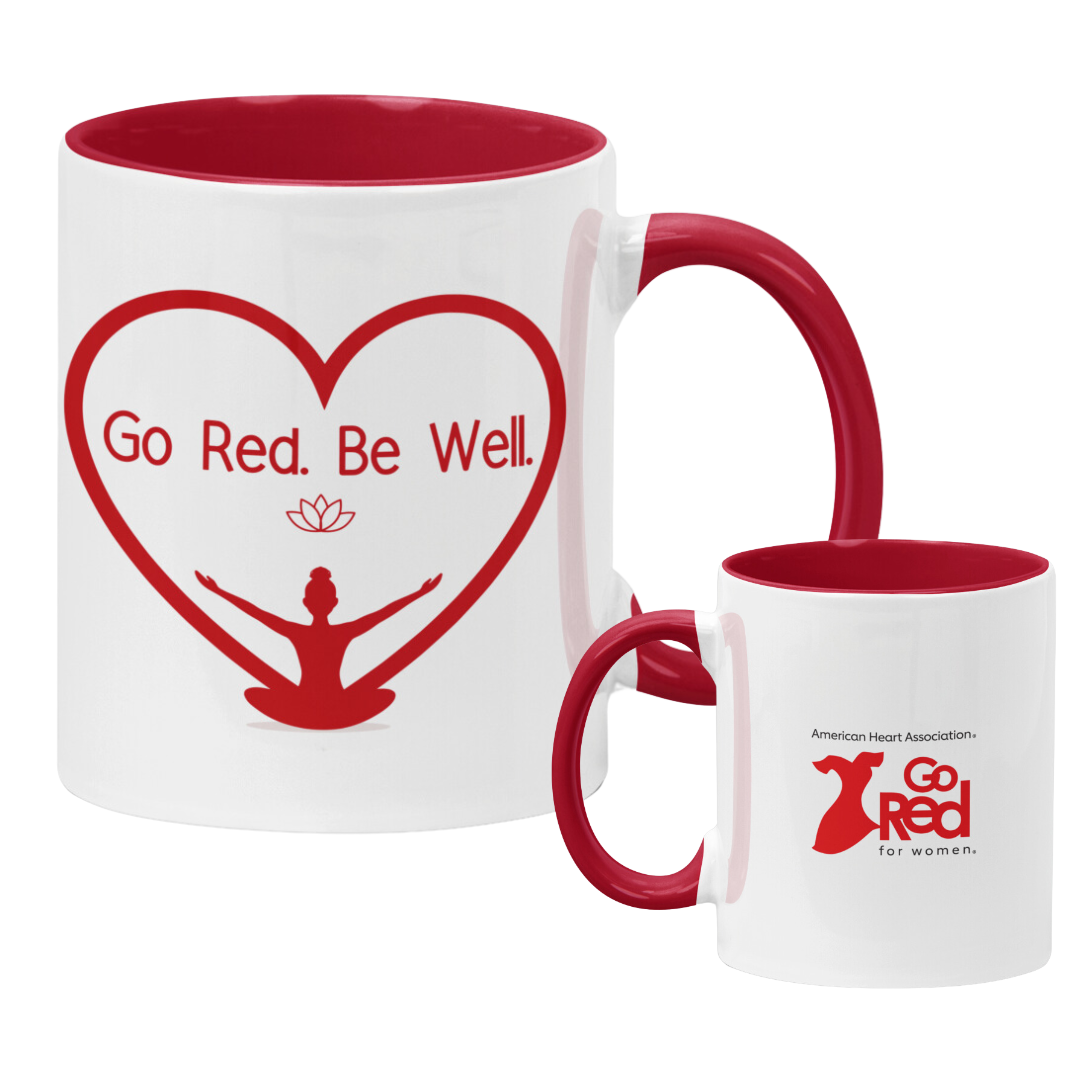 white mug with red handle and inside, Go Red logo on one side and Go Red. Be Well. art on the other.