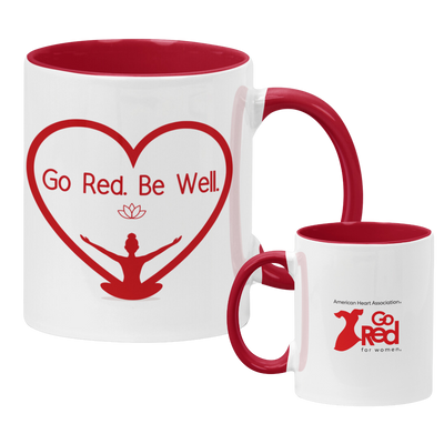 white mug with red handle and inside, Go Red logo on one side and Go Red. Be Well. art on the other.