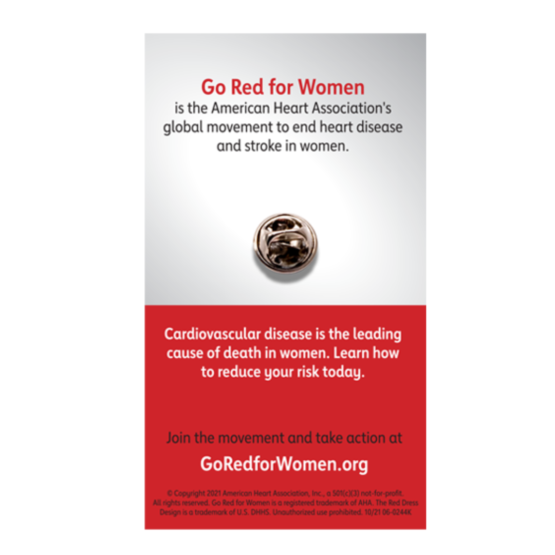 back of pin card with text about what Go Red for Women is