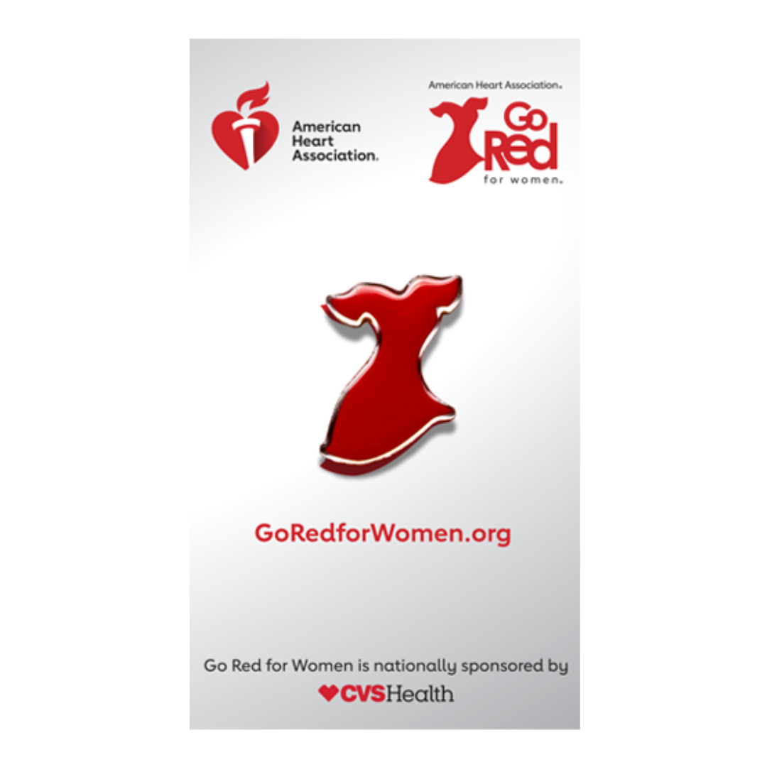 front of lapel pin card with pin mounted on it, Go Red and AHA logos and statement: "Go Red for Women is nationally sponsored by CVS Health."