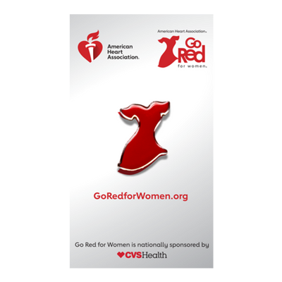 front of lapel pin card with pin mounted on it, Go Red and AHA logos and statement: "Go Red for Women is nationally sponsored by CVS Health."