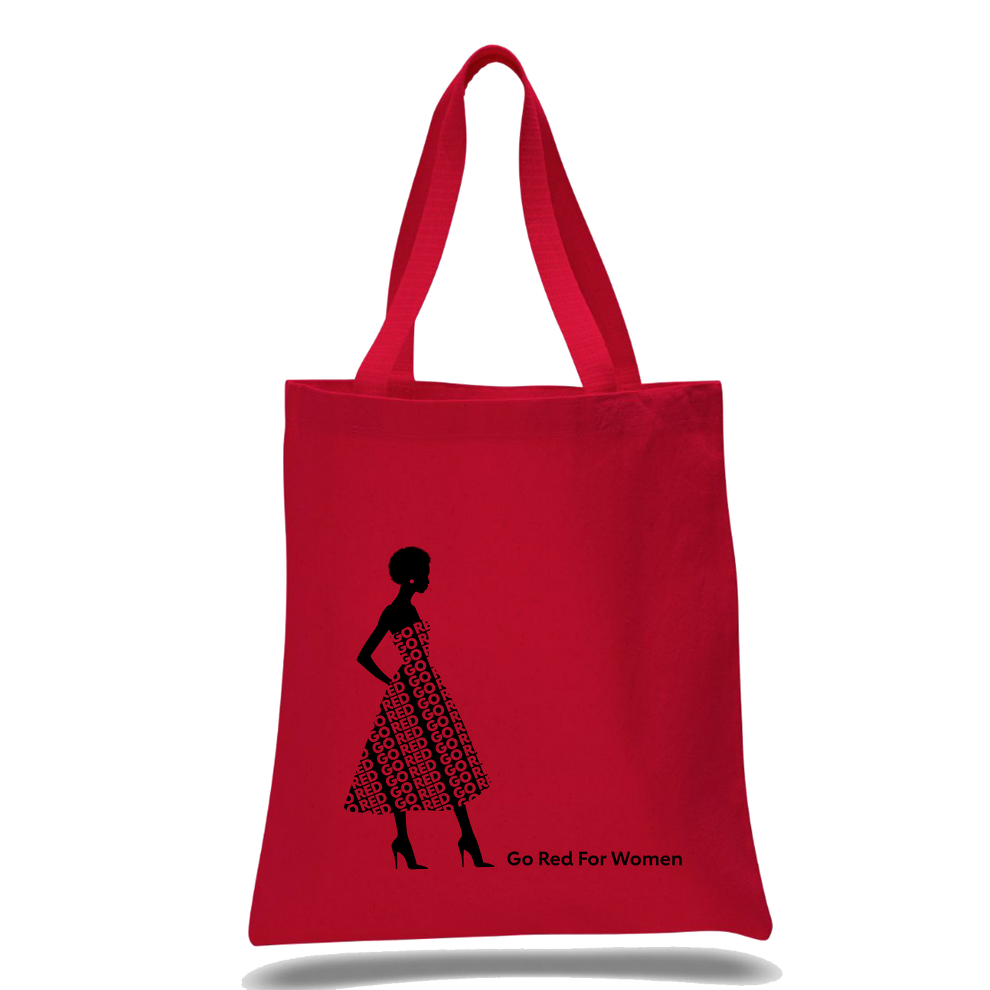 Red tote bag with Red Dress figure along with "Go Red For Women" text. 