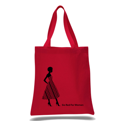 Red tote bag with Red Dress figure along with "Go Red For Women" text. 