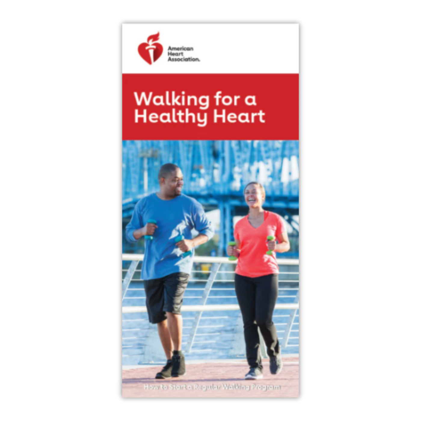 Cover of Brochure, "Walking for a Healthy Heart". Image of two people walking and smiling. Sub Text, "How to Start a Regular Walking Program".