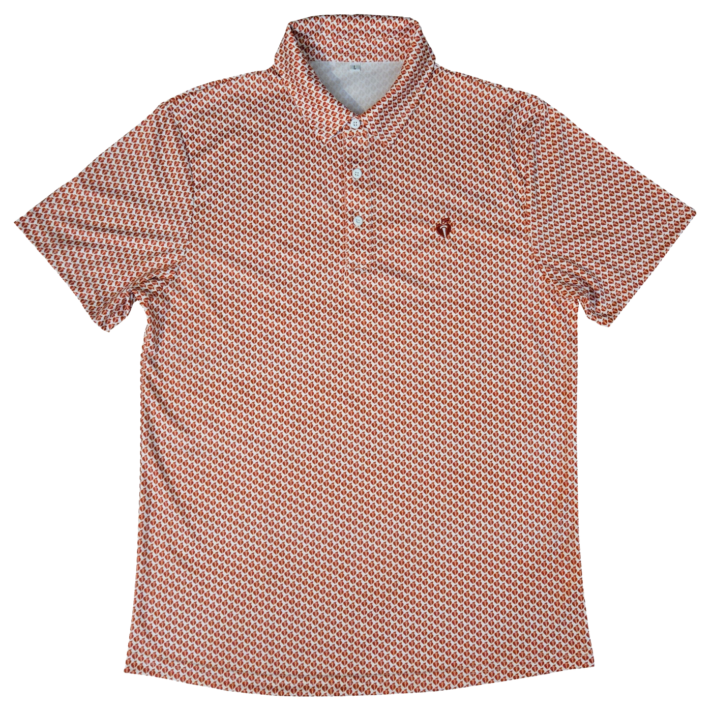 Three button polo with repeating Heart and Torch logo pattern. Embroidered dark red logo on left chest.