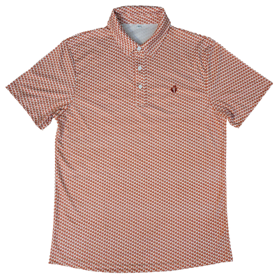 Three button polo with repeating Heart and Torch logo pattern. Embroidered dark red logo on left chest.