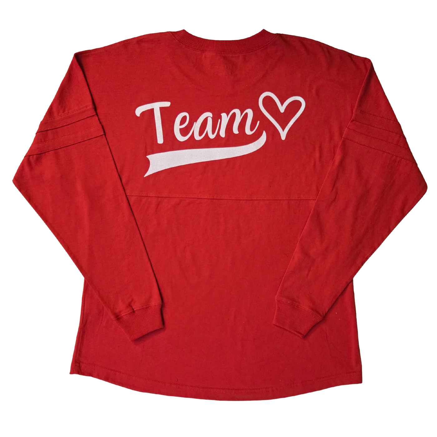 Back of shirt: White "Team" text with a stylized underline and accompanying heart design. 