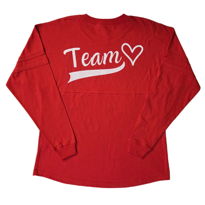 Back of shirt: White "Team" text with a stylized underline and accompanying heart design. 